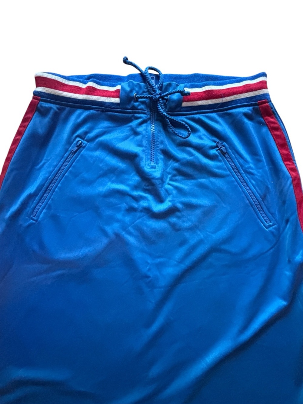 Athletic Blue Zip Pocket Midi Skirt | Sporty Retro Side Stripe Skirt